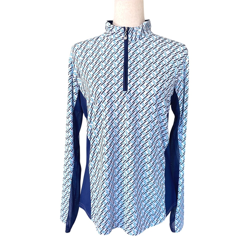 SanSoleil SolCool Womens UV 50+ Cooling Quarter Zip Golf Top Blue Geometric M